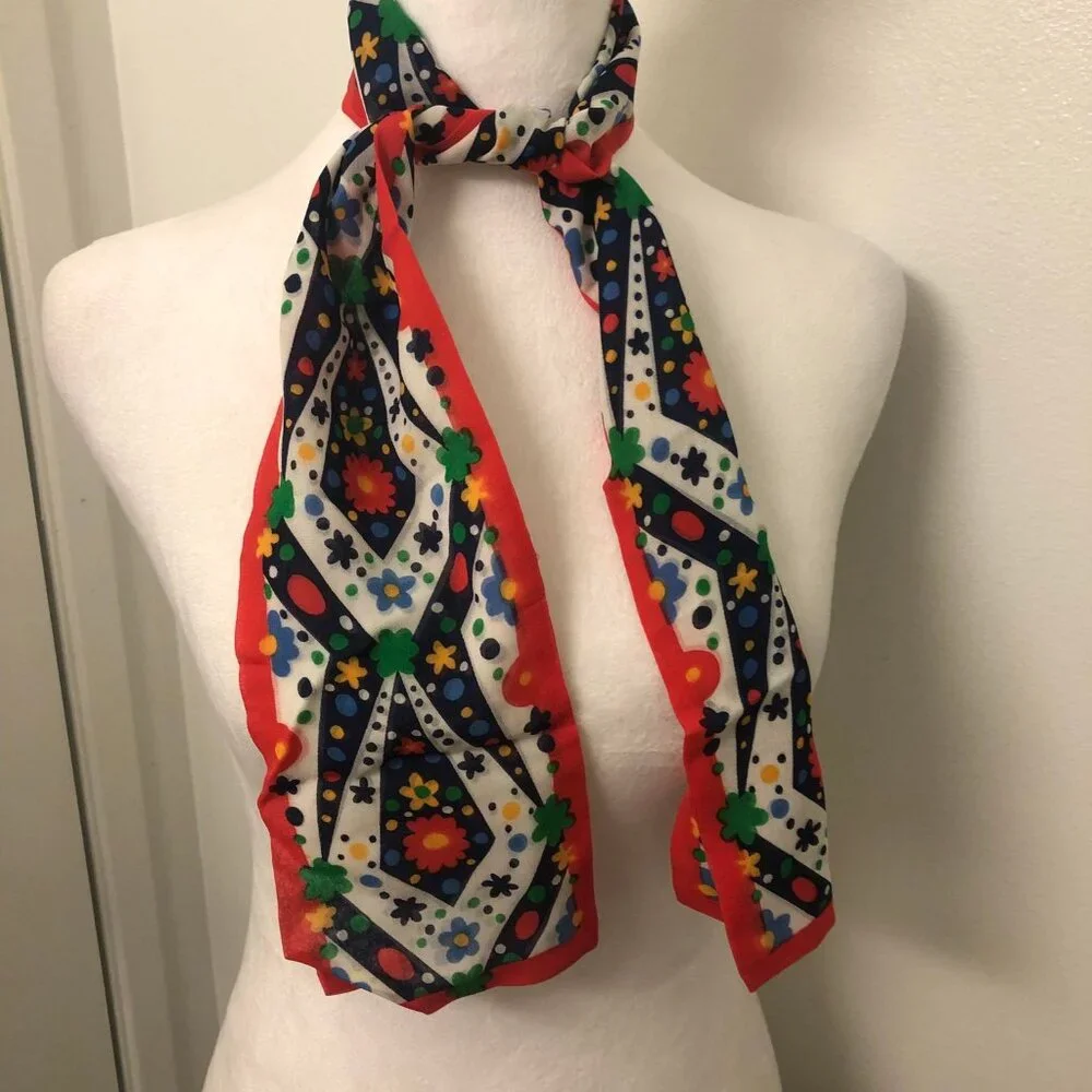 Vintage 1960s 1970s Cottagecore Folk Art Scarf